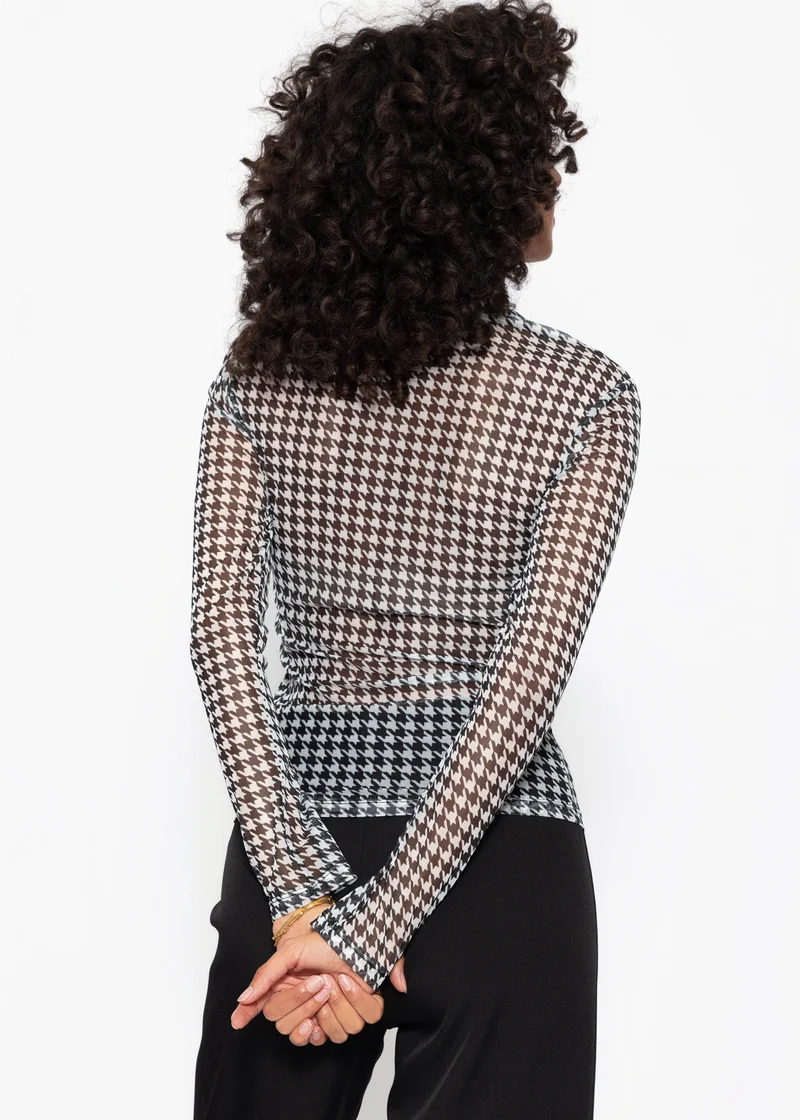Mesh Langarmshirt mit Hahnentrittmuster - schwarz