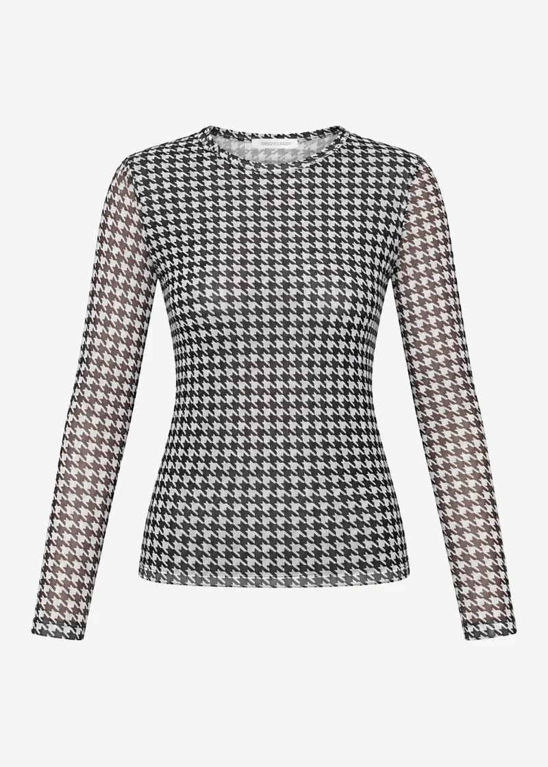 Mesh Langarmshirt mit Hahnentrittmuster - schwarz