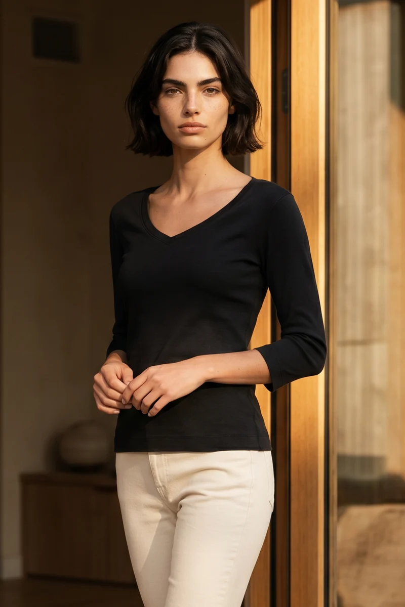 Knit 3/4 Sleeve V-Neck Tee | Black