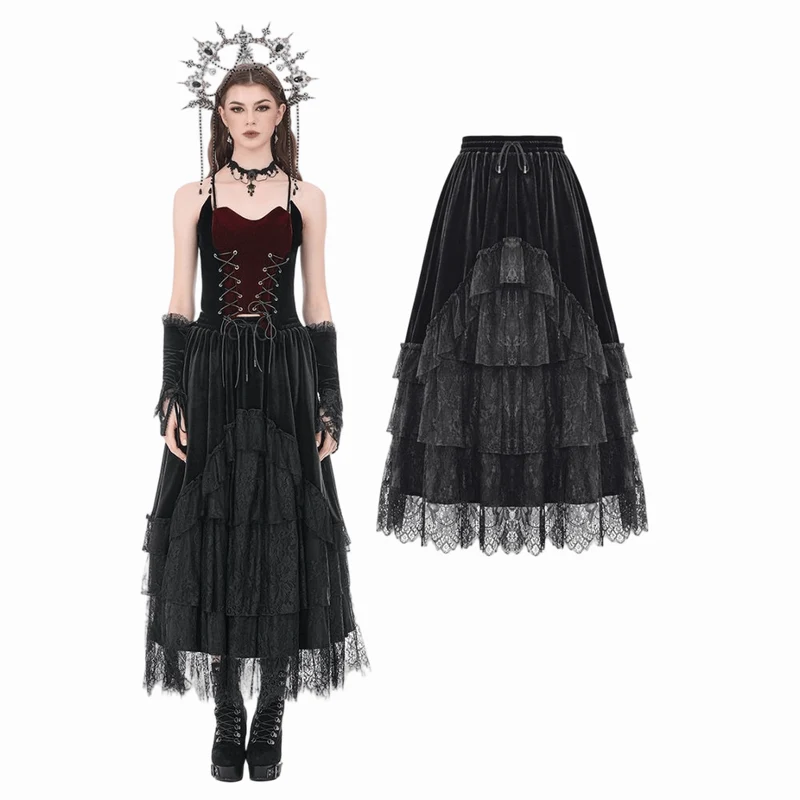 Gothic-Samtrock für Damen, mehrlagig, mit Spitzeneinsatz und Rüschen