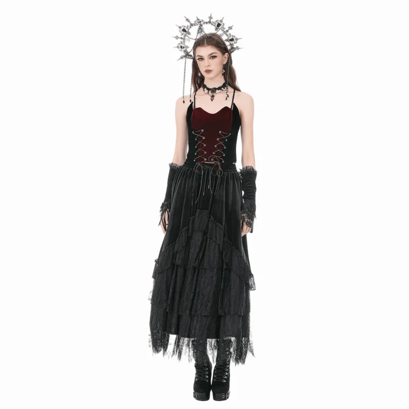 Gothic-Samtrock für Damen, mehrlagig, mit Spitzeneinsatz und Rüschen