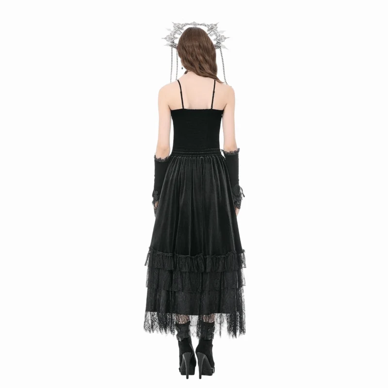 Gothic-Samtrock für Damen, mehrlagig, mit Spitzeneinsatz und Rüschen