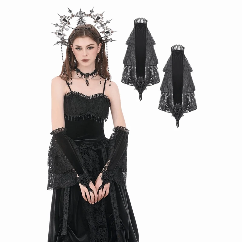 Gothic-Ärmel für Damen aus rosafarbenem Samt mit Spitzeneinsatz und ausgestellten Ärmeln