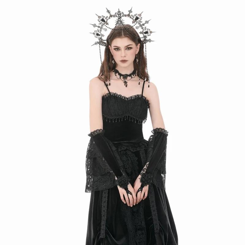 Gothic-Ärmel für Damen aus rosafarbenem Samt mit Spitzeneinsatz und ausgestellten Ärmeln