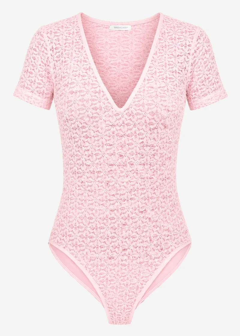 Kurzarm Body aus floraler Spitze - rosa