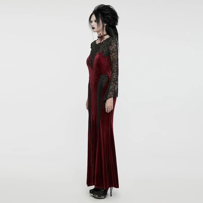 Gothic-Abendkleid mit Spitzeneinsatz, Samt, Meerjungfrauenschnitt, rot