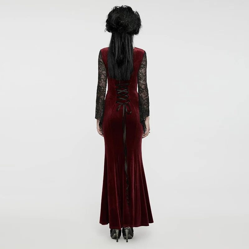 Gothic-Abendkleid mit Spitzeneinsatz, Samt, Meerjungfrauenschnitt, rot