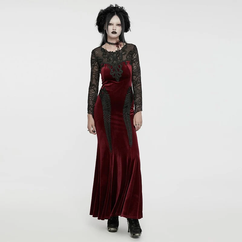 Gothic-Abendkleid mit Spitzeneinsatz, Samt, Meerjungfrauenschnitt, rot