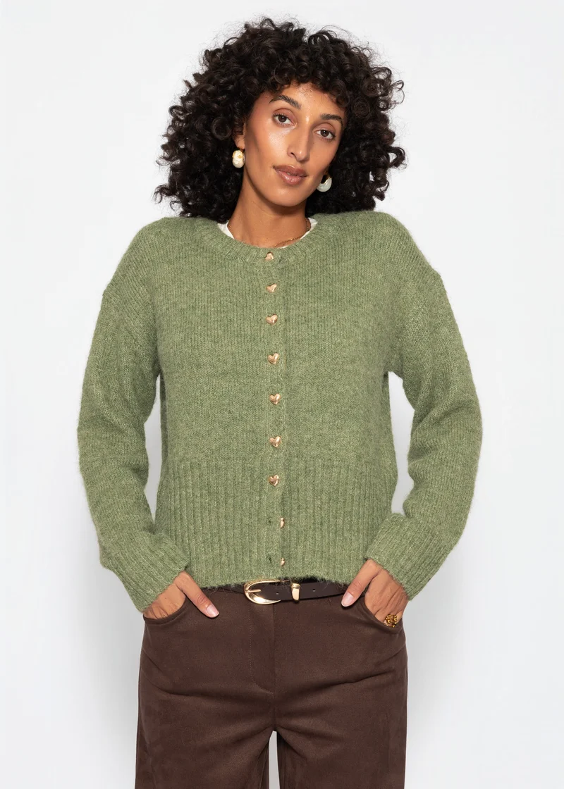 Strickjacke mit Herzknöpfen - khaki