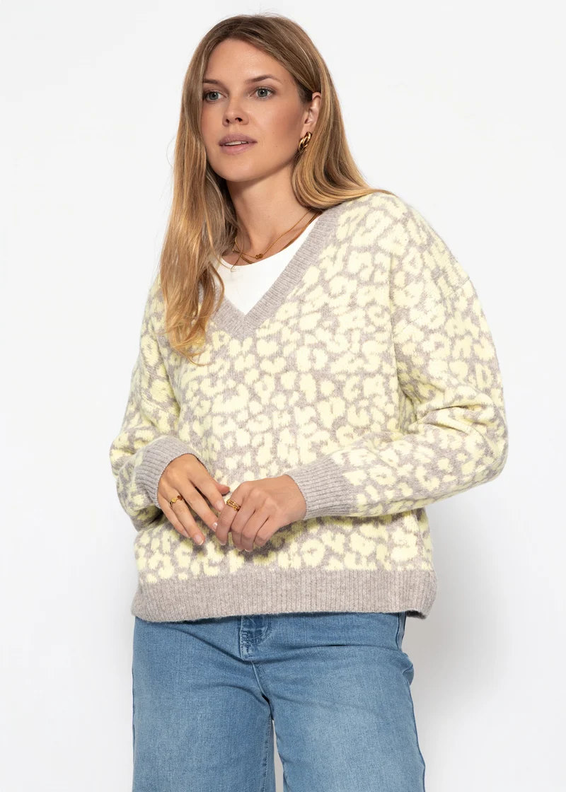 Strickpullover mit Leopardenmuster - beige-gelb