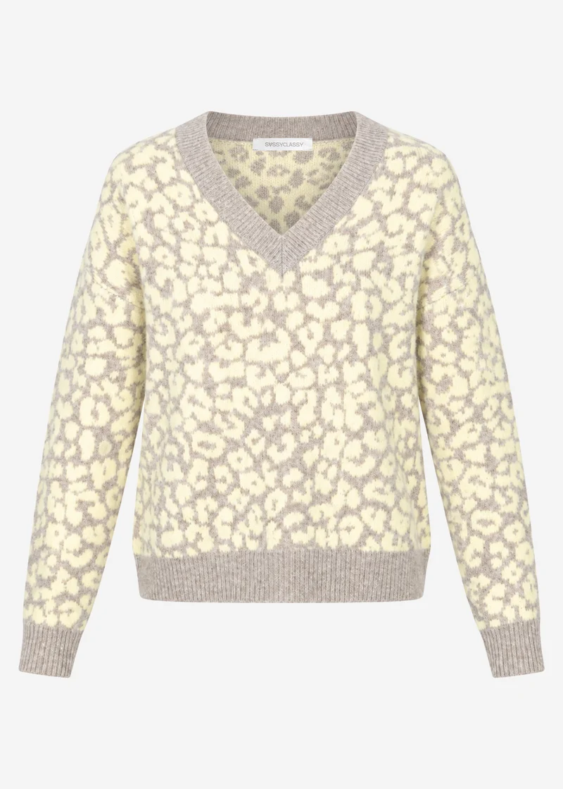 Strickpullover mit Leopardenmuster - beige-gelb