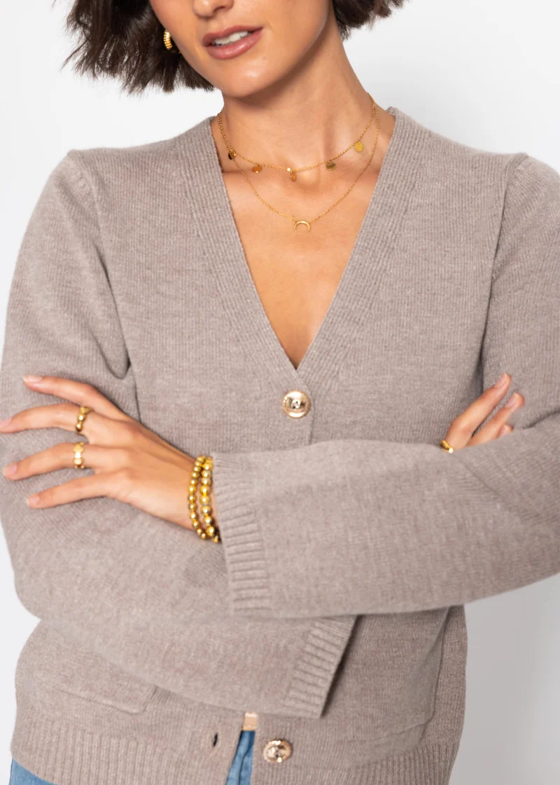 Strickjacke mit V-Ausschnitt und Goldknöpfen - taupe