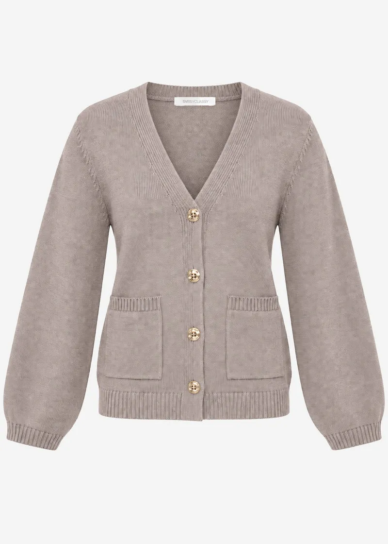 Strickjacke mit V-Ausschnitt und Goldknöpfen - taupe