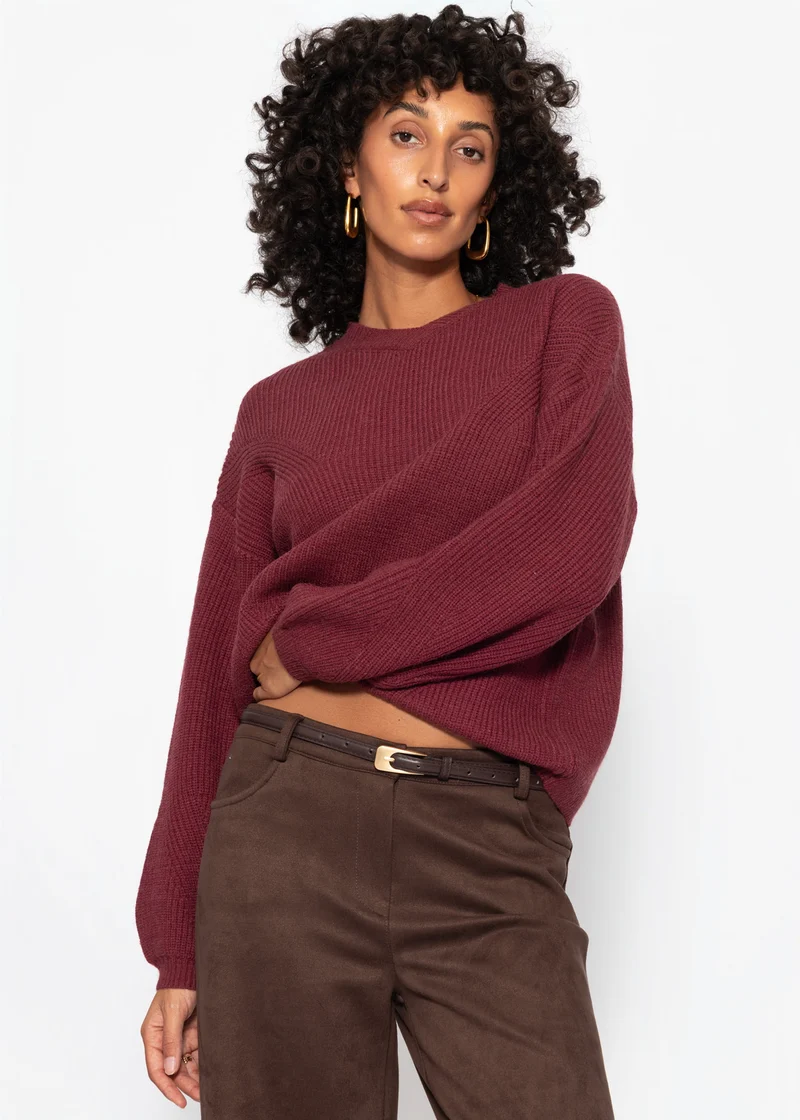 Rippstrickpullover mit hohem V-Ausschnitt - burgundy