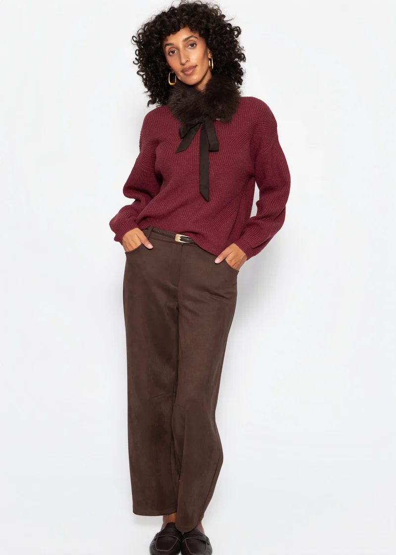 Rippstrickpullover mit hohem V-Ausschnitt - burgundy