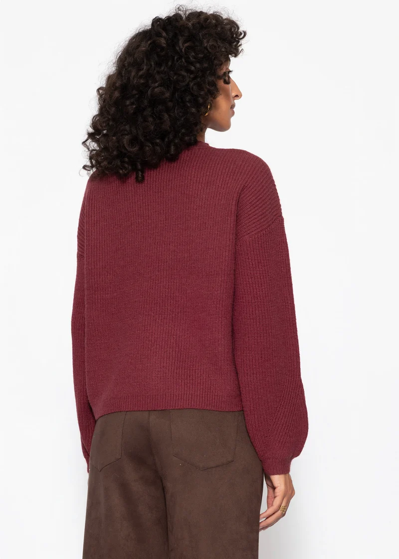 Rippstrickpullover mit hohem V-Ausschnitt - burgundy