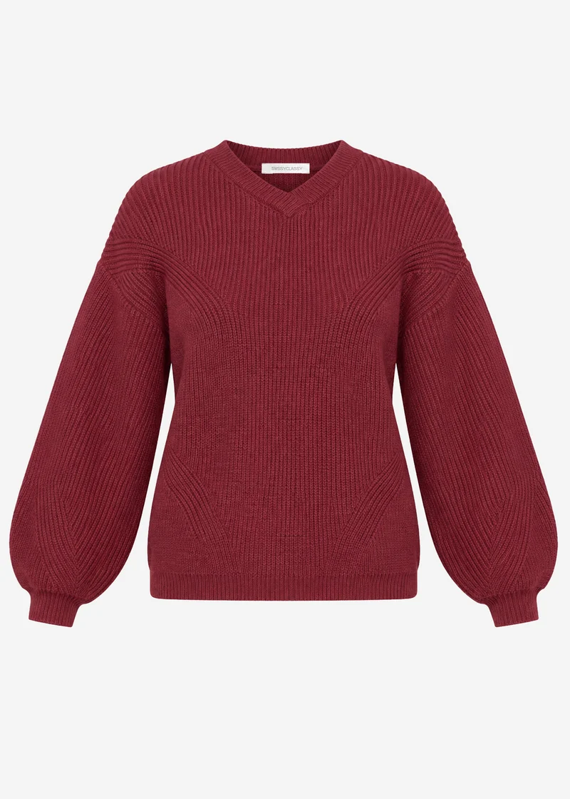 Rippstrickpullover mit hohem V-Ausschnitt - burgundy