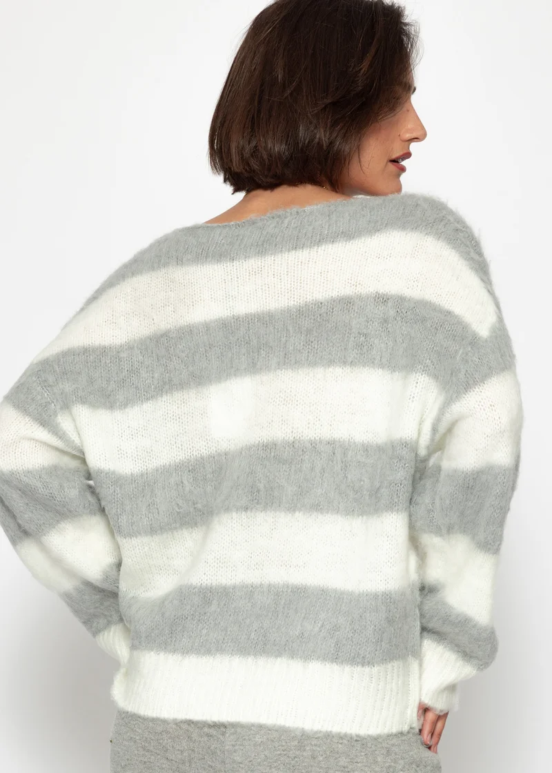Gestreifter Pullover - grau-offwhite