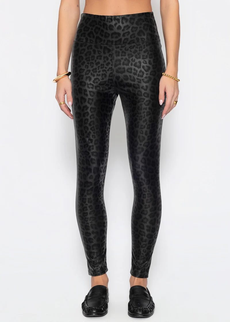 Kunstleder Leggings mit Leo Print - schwarz