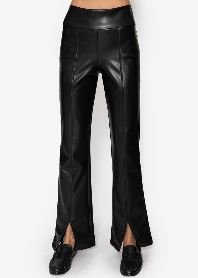 Kunstleder Thermo Leggings mit Teilungsnähten und Saumschlitz - schwarz