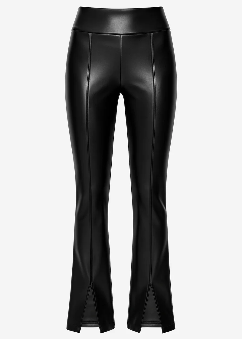 Kunstleder Thermo Leggings mit Teilungsnähten und Saumschlitz - schwarz