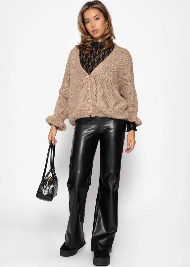 High-Rise Flared Thermo Kunstleder Leggings mit breitem Bund - schwarz