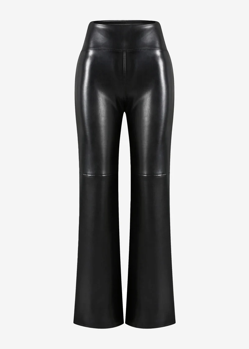 High-Rise Flared Thermo Kunstleder Leggings mit breitem Bund - schwarz