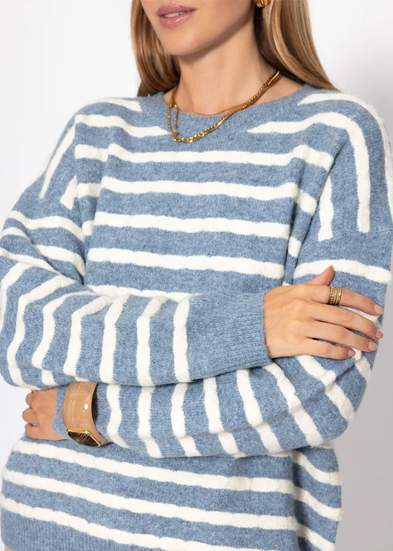 Strickpullover mit Streifen-Design - jeansblau-offwhite