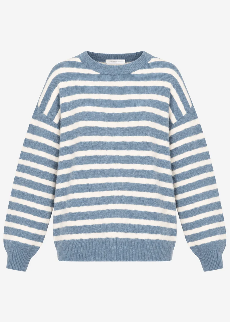 Strickpullover mit Streifen-Design - jeansblau-offwhite