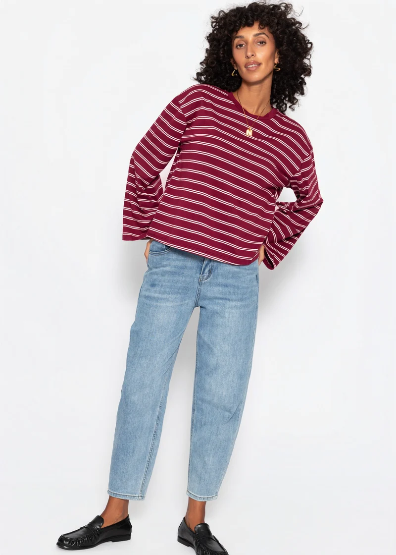 Gestreiftes Langarmshirt mit weiten Ärmeln - burgundy