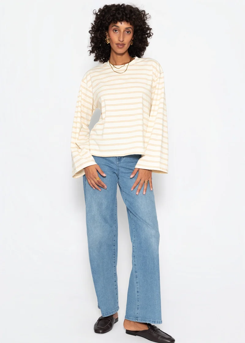 Gestreiftes Langarmshirt mit weiten Ärmeln - creme