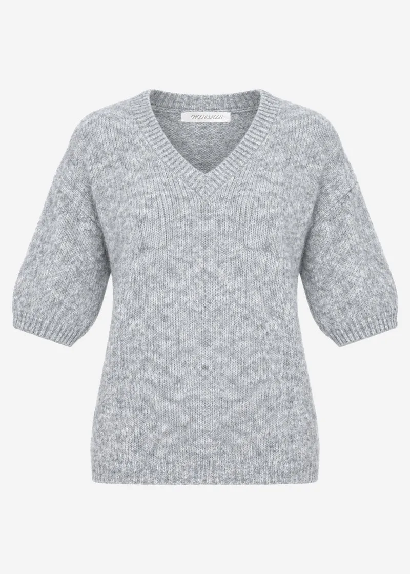 Kurzarm-Strickpullover mit V-Ausschnitt - hellgrau