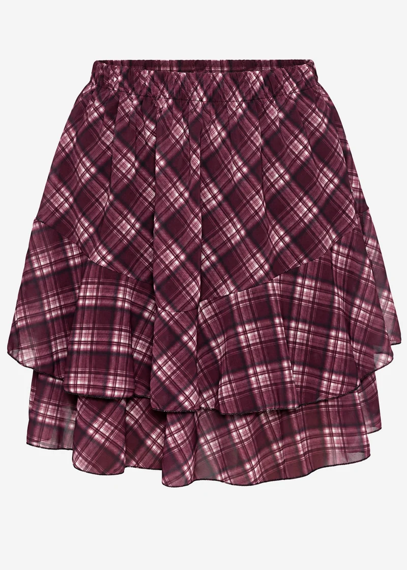 Kurzer Volant Rock mit Karo Muster - plum
