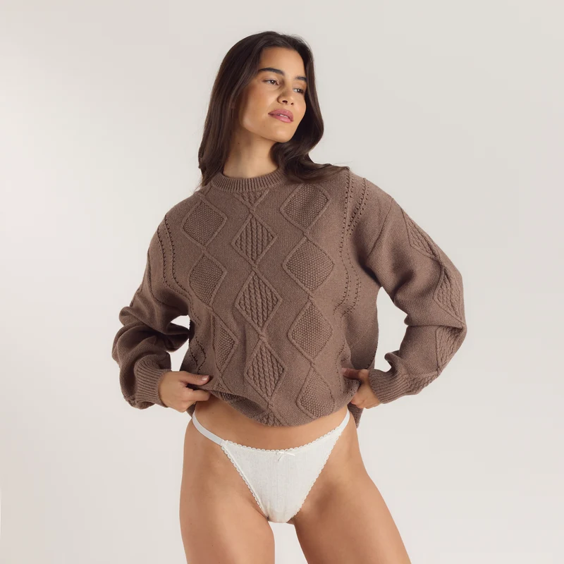 Zopfmuster-Pullover - Braun