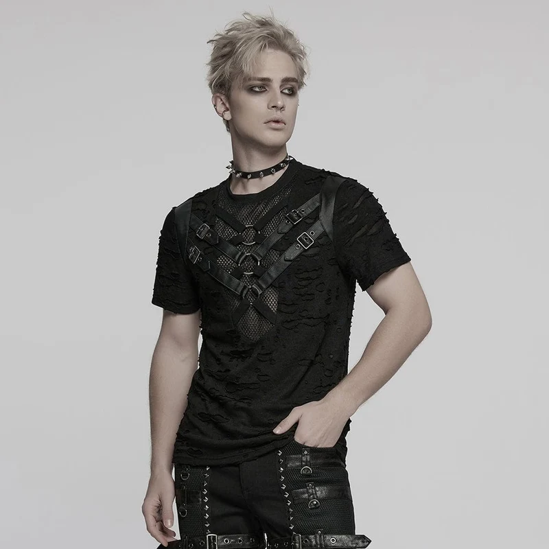 Herren Punk Ripped Mesh Splice Strap T-Shirt