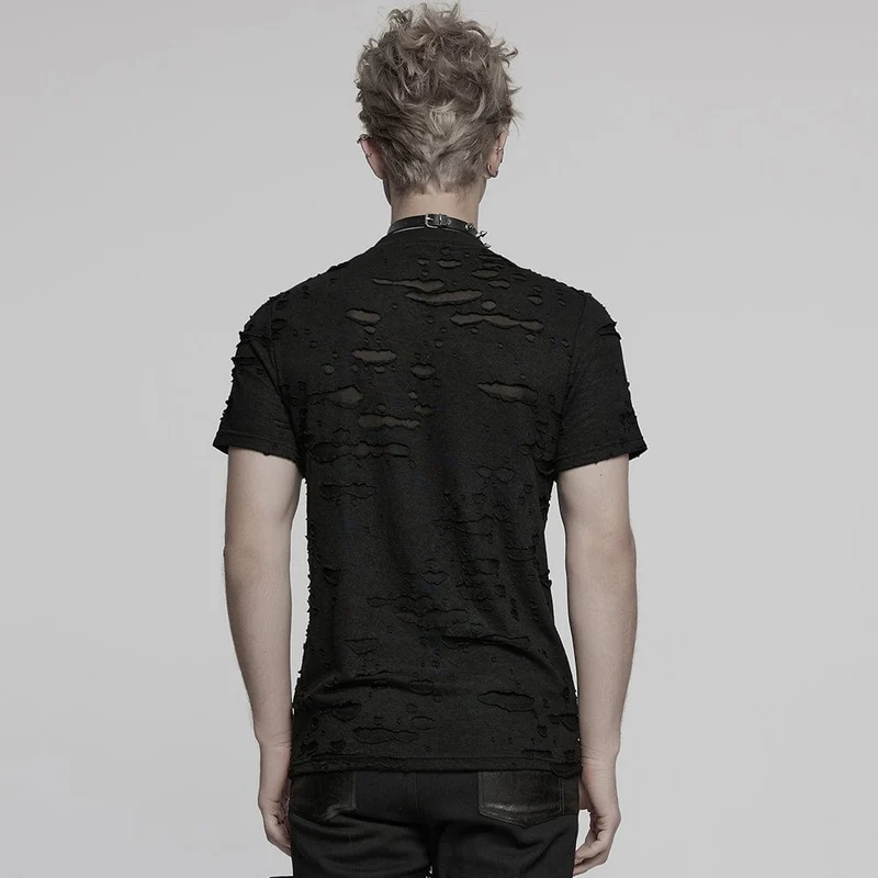 Herren Punk Ripped Mesh Splice Strap T-Shirt