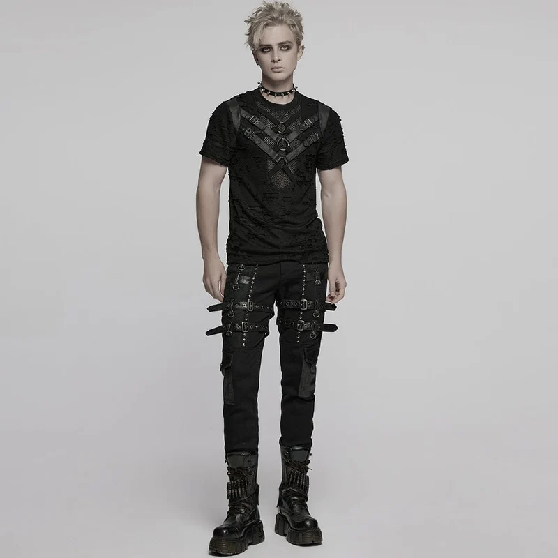 Herren Punk Ripped Mesh Splice Strap T-Shirt