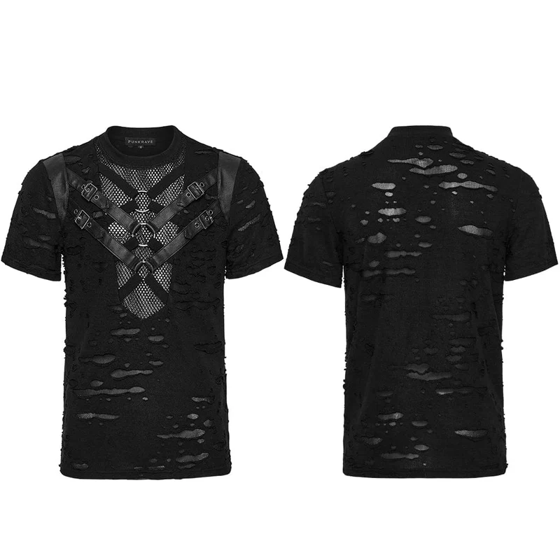 Herren Punk Ripped Mesh Splice Strap T-Shirt