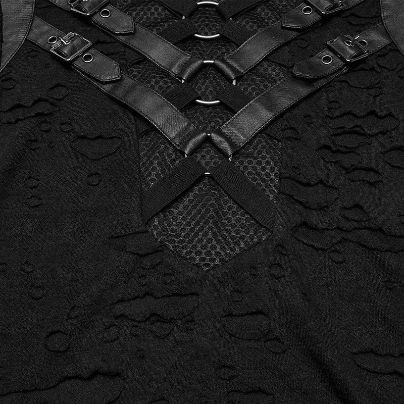 Herren Punk Ripped Mesh Splice Strap T-Shirt