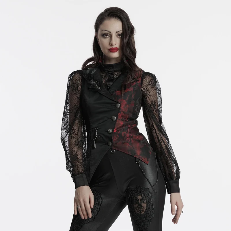 Gothic-Weste für Damen mit asymmetrischem Blumenmuster, Fledermauskragen und abnehmbarer Brosche
