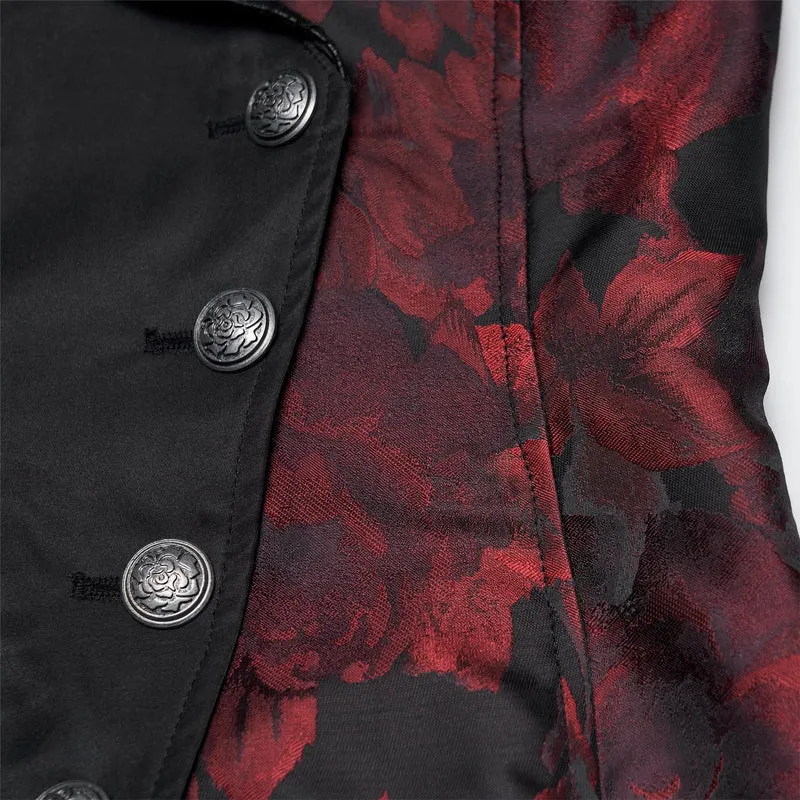 Gothic-Weste für Damen mit asymmetrischem Blumenmuster, Fledermauskragen und abnehmbarer Brosche