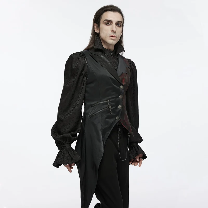 Gothic-Weste für Herren mit asymmetrischem Blumenmuster, Fledermauskragen und abnehmbarer Brosche