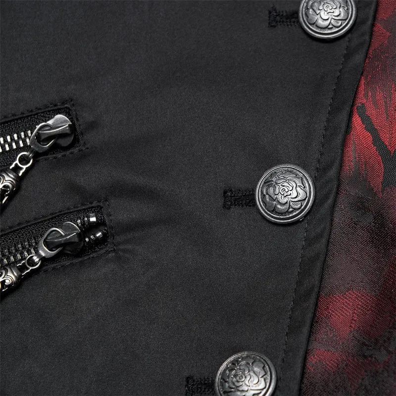 Gothic-Weste für Herren mit asymmetrischem Blumenmuster, Fledermauskragen und abnehmbarer Brosche