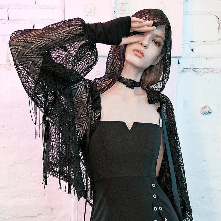 Gothic-Kurzmantel für Damen mit Quasten, transparentem geometrischem Spitzenmuster