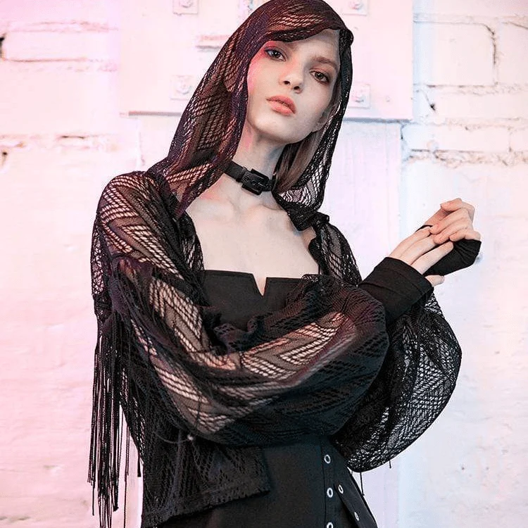 Gothic-Kurzmantel für Damen mit Quasten, transparentem geometrischem Spitzenmuster