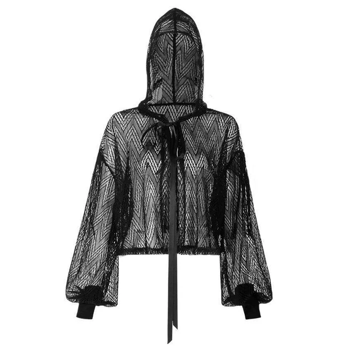Gothic-Kurzmantel für Damen mit Quasten, transparentem geometrischem Spitzenmuster