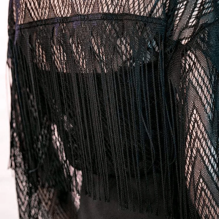Gothic-Kurzmantel für Damen mit Quasten, transparentem geometrischem Spitzenmuster