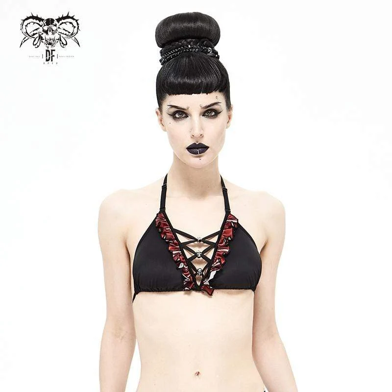 Damen Grunge Black Neckholder Bikini Top mit Scottish Check Rüschen