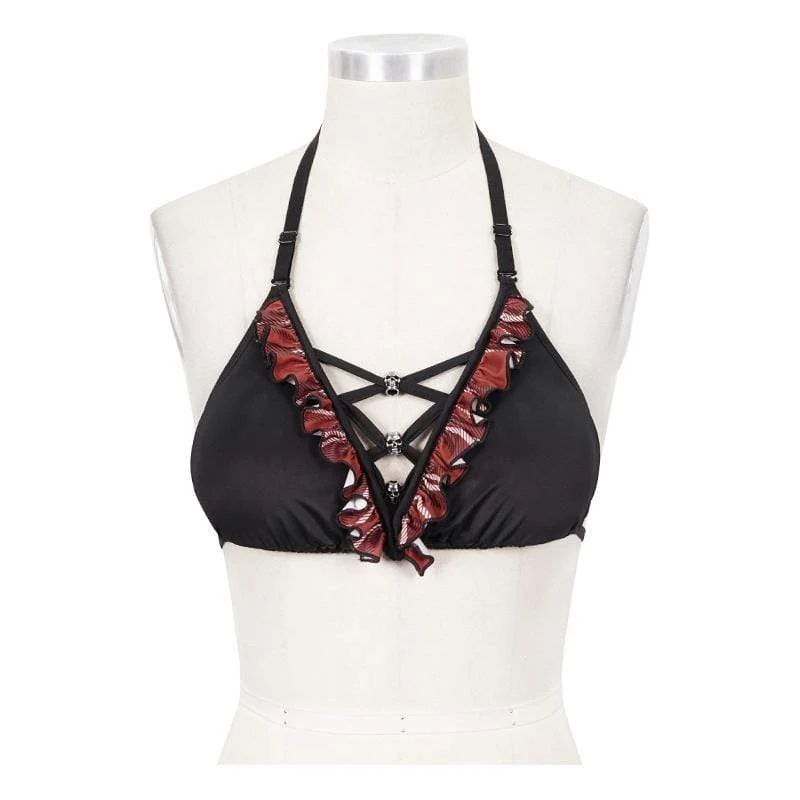 Damen Grunge Black Neckholder Bikini Top mit Scottish Check Rüschen