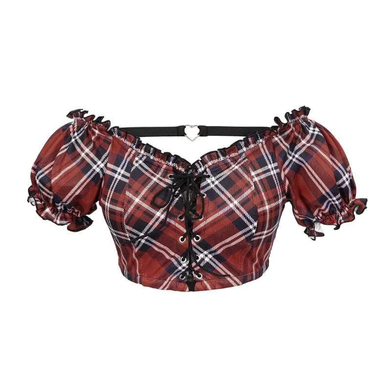 Damen Grunge Red Scottish Check Spitze Longline Swim Top
